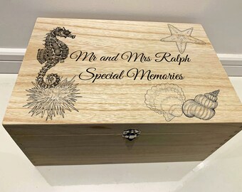 Large Personalised Engraved Wooden Wedding Memories Keepsake Memory Box with Seashells