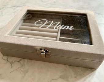 Personalised Engraved Velvet Jewellery Box in Grey or Cream