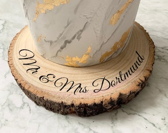 Personalised Engraved Wood Slice, Wedding Cake Display Board