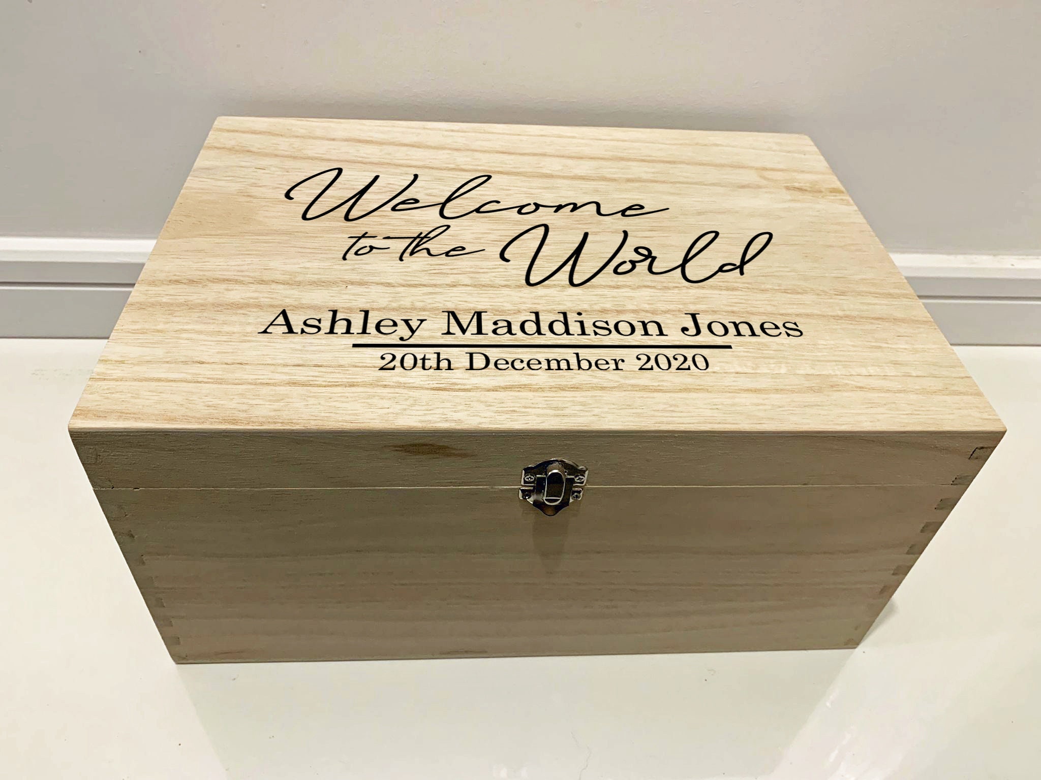 Large Personalised Engraved Wooden Baby Keepsake Memory Box, Welcome to ...