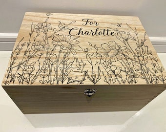 Large Personalised Engraved Wooden Keepsake Memory Box with Wild Flower Meadow, Butterfly, Mouse, Fox, Bees