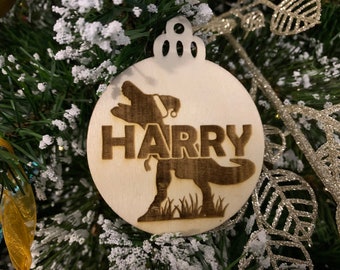 Personalised Wooden Dinosaur T-Rex Christmas Bauble
