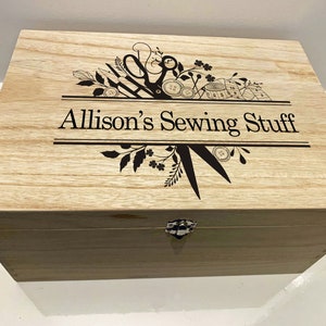 Large Personalised Engraved Wooden Sewing Box with Scissors, Needle and Thread design