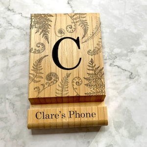 Personalised Engraved Bamboo Wooden Phone Holder, iPad Holder, Tablet Holder, iPad Stand, Tablet Stand, Phone Stand with Ferns