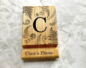 Personalised Engraved Bamboo Wooden Phone Holder, iPad Holder, Tablet Holder, iPad Stand, Tablet Stand, Phone Stand with Ferns