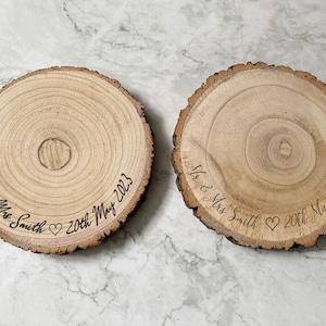 Personalised Engraved Wood Slice, Wedding Cake Display Board with Heart image 3