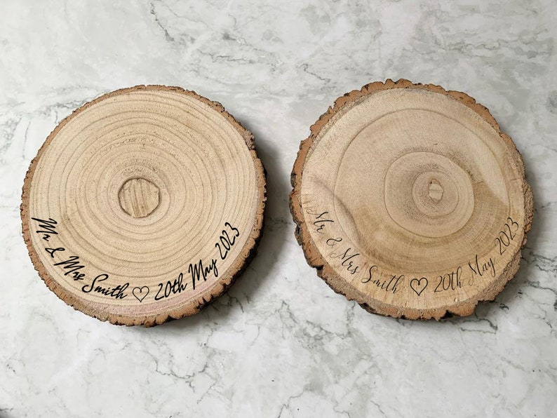 Personalised Engraved Wood Slice, Wedding Cake Display Board with Heart image 3