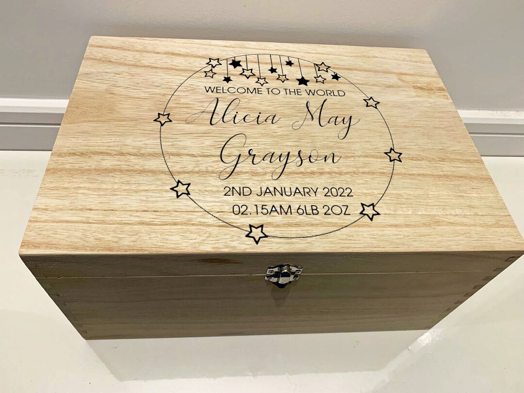 Large Personalised Engraved Wooden Baby Keepsake Memory Box With Stars ...