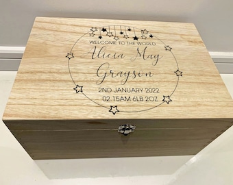 Large Personalised Engraved Wooden Baby Keepsake Memory Box with Stars