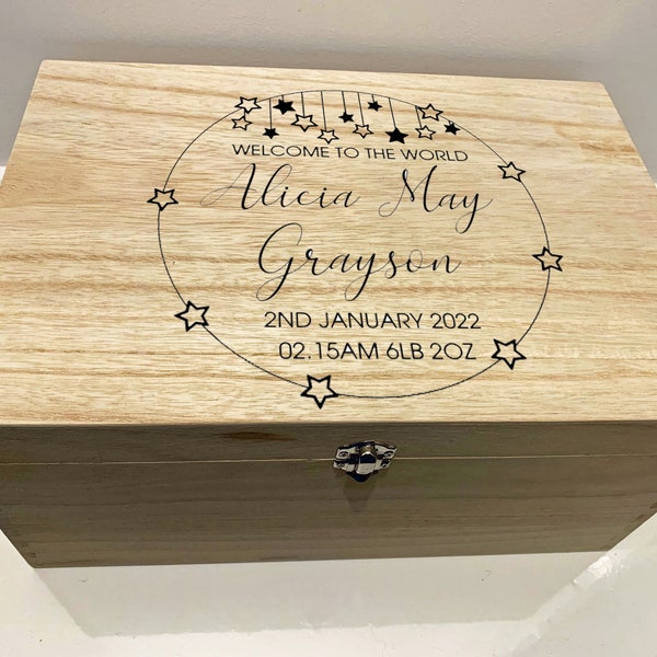 Large Personalised Engraved Wooden Baby Keepsake Memory Box with Stars