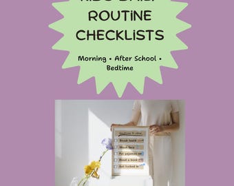 May include: A purple background with a green starburst shape containing the text "KIDS DAILY ROUTINE CHECKLISTS". Below, the text reads "Morning • After School • Bedtime". A person holds a checklist with bedtime routine tasks.