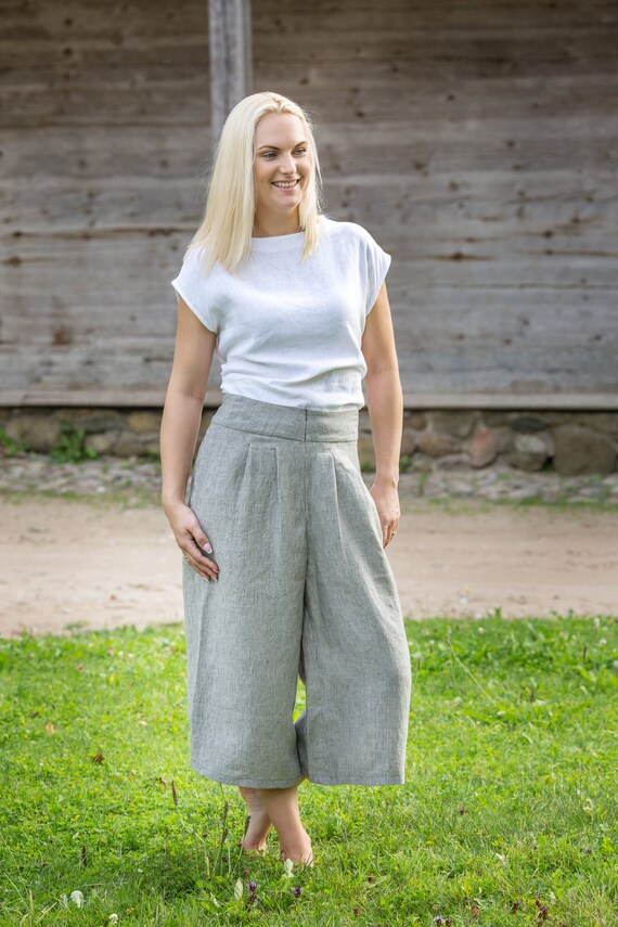 plus size cropped linen trousers