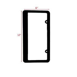 May include: Black plastic license plate frame with dimensions of 6 inches by 12 inches.