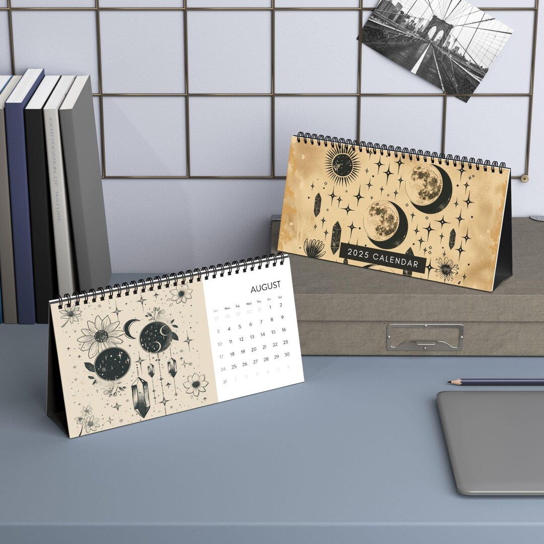 2025 Celestial Moon Desk Calendar Boho Chic Art 12 Month Mini