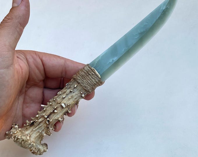 Handcrafted Nephrite Jade Knife,   Artisan Handmade Knife with Horn Handle & Italian Leather Sheath, Rare Knife