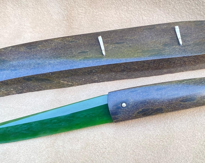 Handcrafted Nephrite Jade Knife with Stone Handle, Stone Stand & Sterling Silver Accents