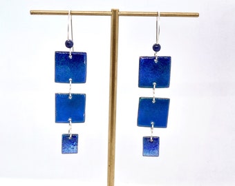 Blue enamel earrings - long square earrings