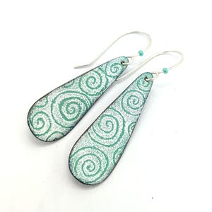 Mint Green Swirly Enamel Teardrop Earrings – Handmade Sgraffito Jewellery