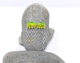 Handmade Enamel earrings - lime green jellyfish earrings