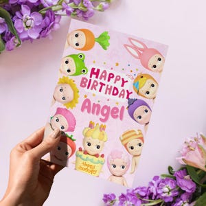 ソニーエンジェルの誕生日カード、女の子、ガールフレンド、友達向けのソニーエンジェルのヒッパーのデジタルテンプレート、ピンクのかわいいブラインドボックスをテーマにしたミステリーギフト
