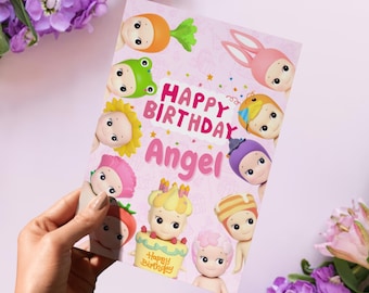 Sonny Angel-verjaardagskaart, Sonny Angels Hippers digitale sjabloon voor meisjes, vriendinnen of vrienden, roze schattig blindbox-thema, mysteriecadeau