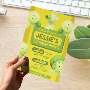May include: A yellow birthday party invitation with the text "You're Invited to Jessie's Birthday Party!" and event details. The invitation features cartoon characters and is held by a person.