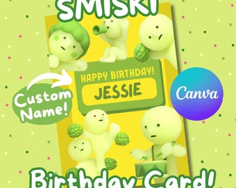 Kartka urodzinowa Smiski, prezent Smiski, personalizowana kartka z życzeniami, prezent w pudełku niespodziankowym, zielony szablon cyfrowy, zabawny, spersonalizowany nadruk, przyjęcie urodzinowe