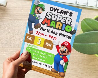 Invito per festa di compleanno per bambini ispirato a Super Mario Bros, inviti di compleanno modificabili a tema Luigi, articoli per feste a tema videogiochi retrò per ragazzi