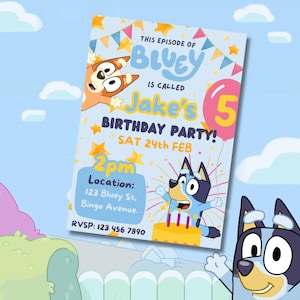 Bewerkbare Bluey verjaardagsuitnodiging, leuke blauwe hond uitnodigen, DIY bingo themafeest, verjaardagsbenodigdheden voor kinderen, aangepaste cartoon Evite voor jongens