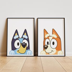 Bluey and Bingo Wall Art, Blue Dog Digital Fanart Print, Printable Home Decor for Kids Room, Cute Nursery Posters, Illustrations for Boys