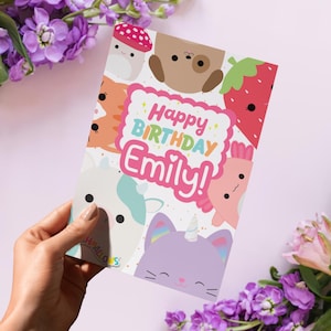 Tarjeta de cumpleaños de Squishmallows, Feliz cumpleaños de Squish Squad, Fiesta de chicas de E-mail, Linda tarjeta personalizada rosa, Tarjeta de felicitación de cumpleaños personalizada para niños
