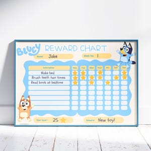 Op de afbeelding: Een blauwe en gele beloningskaart met de personages Bluey en Bingo uit de kinderserie Bluey. De kaart heeft ruimte voor een naam, weeknummer en een lijst met klusjes met een raster om de voortgang bij te houden. De beloning voor het voltooien van de klusjes is "Nieuw speelgoed!" en het sterndoel is 25.