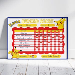 Puede incluir: Un cuadro de recompensas de Pokemon rojo y amarillo con un personaje de Pikachu. El cuadro tiene un espacio para el nombre de un niño, un número de semana y una lista de tareas para completar. El cuadro tiene un objetivo de 22 Poké Balls y una recompensa de cartas Pokemon.