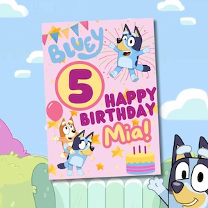 Carte d'anniversaire bleu bleue personnalisée rose, fête de chien bleu, carte de voeux de bingo, cadeau bleu bleu bricolage pour fille, affiche girly amusante, modèle cadeau modifiable