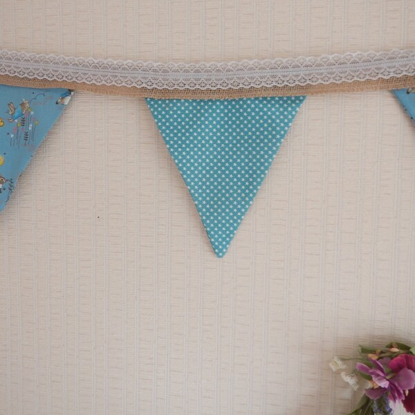 Bunting with Peter Rabbit Fabric on Hessian and Lace