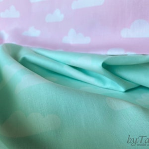 Cotton Fabric Cloud Sky In Mint Or Pink, Children&#39;s Fabric With Cloud Motifs And Patterns, Cloudy Sky, Light Cotton Fabric, Color Selection