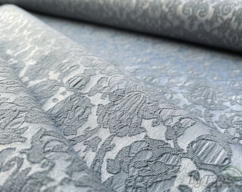Satin Jacquard With Baroque Pattern in Antique Grey, Decorative Fabric With Baroque Emblems, Noble Ornaments, Light Satin Fabric, Clothing Fabric Grey