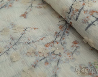 Polyester Fabric Embroidered, Sakura, Cherry Blossoms, Flowers, Bleached, Flowers, Floral Fabric, Cherries, Flowers, Flowered, Embroidered Fabric