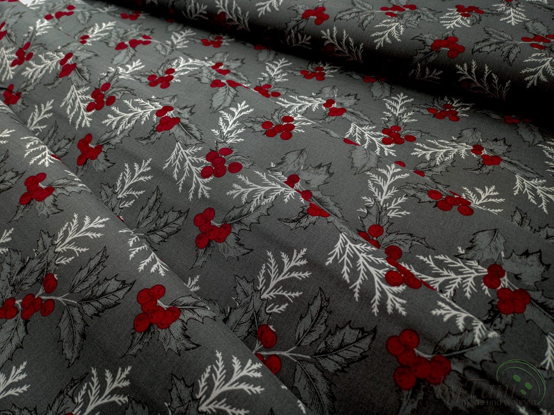Christmas Fabric, Holly Pattern, Grey Cotton Fabric, Red Berries ...