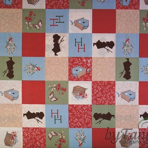 May include: A colourful fabric with a repeating pattern of houses, flowers, butterflies, and the letter "H". The fabric is a patchwork of red, blue, green, and beige squares.