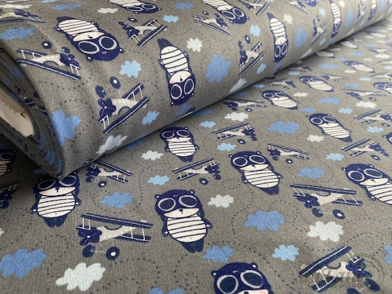 French Terry / Sommersweat Panda Pilot, Baumwolle, Sweatstoff, Motiv, Flugzeug, Luft, Airborn, Kinderstoff, Cool, Wolken, Himmel, Stoffe