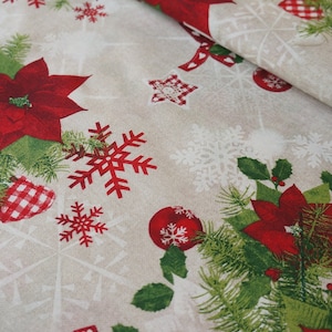 Cotton Christmas motif 0.5 m, Christmas flower, poinsettia