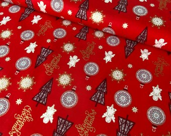 Christmas fabric, cotton, Christmas tree, Christmas season, Poinsettia, Christmas stars, Christmas