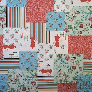 May include: A patchwork fabric featuring a mix of patterns, including stripes, floral designs, and a repeating letter "H". The fabric is in shades of red, green, blue, and white.