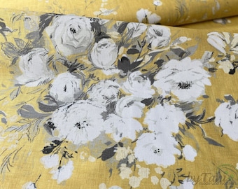 Linen Decorative Fabric Flowerlight, Decorative Fabric Made of Linen And Cotton, Large White Flowers White And Yellow, High Quality Decorative Fabric In Yellow, Floral