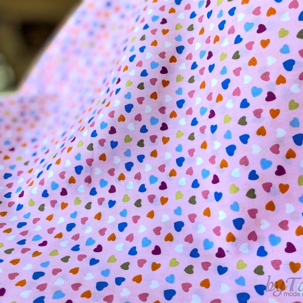 Cotton-Poplin Colorful Hearts 2, Cotton Fabric, Heart, Love, Popeline Cotton Fabric for Valentine's Day With Loving Heart Motifs