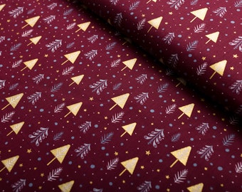 Cotton Poplin Christmas, Christmas Tree, Gold, Bordo, Christmas, Christmas Fabric