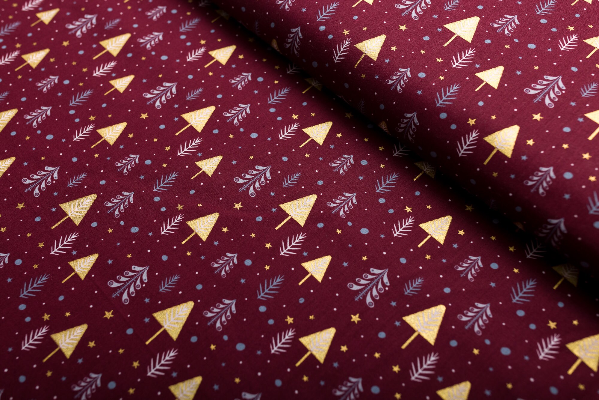 Cotton Poplin Christmas, Christmas Tree, Gold, Bordo, Christmas, Christmas  Fabric - Etsy