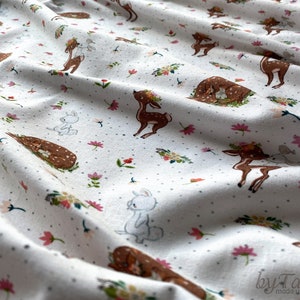Elastic cotton jersey Bambi And Friends motif, forest, rabbit, forest animals, deer, rabbit, deer, elastic, soft, close to the skin, leggings, fabric