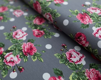 Cotton Jersey Print Roses, Flower Dreams, Grey, Roses, Garden, Cotton Fabric, By the Meter, Rose Bed, Clothing Fabric, Elastic, Soft